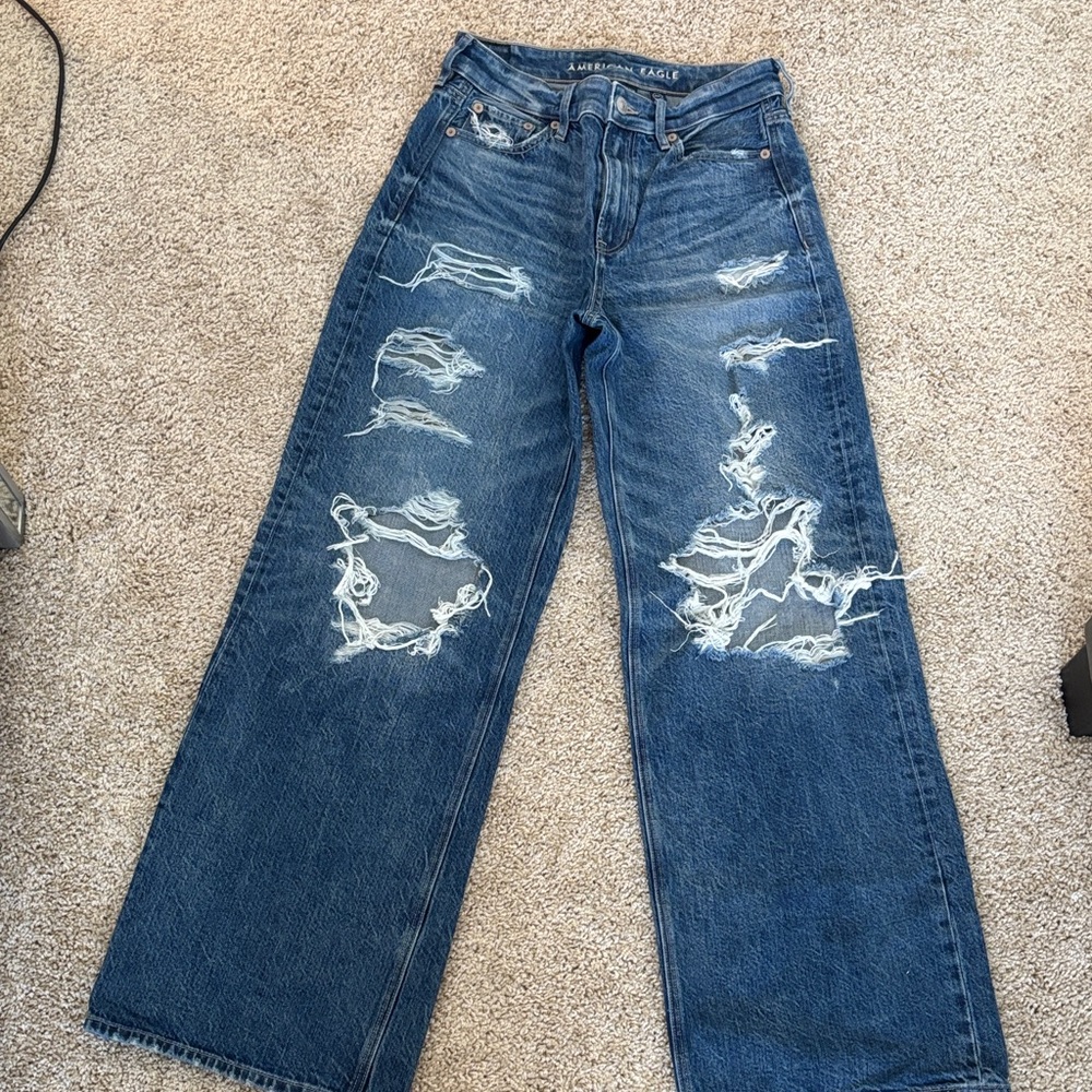 American Eagle Outfitters Women's Ripped Wide Leg Blue Jeans